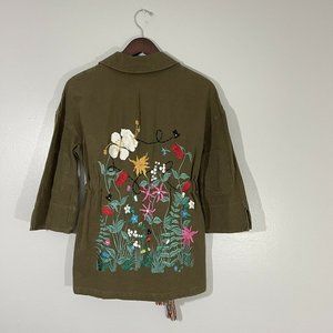 Zara Collection Floral Bees Embroidered Button Down Jacket Coat Size S Green